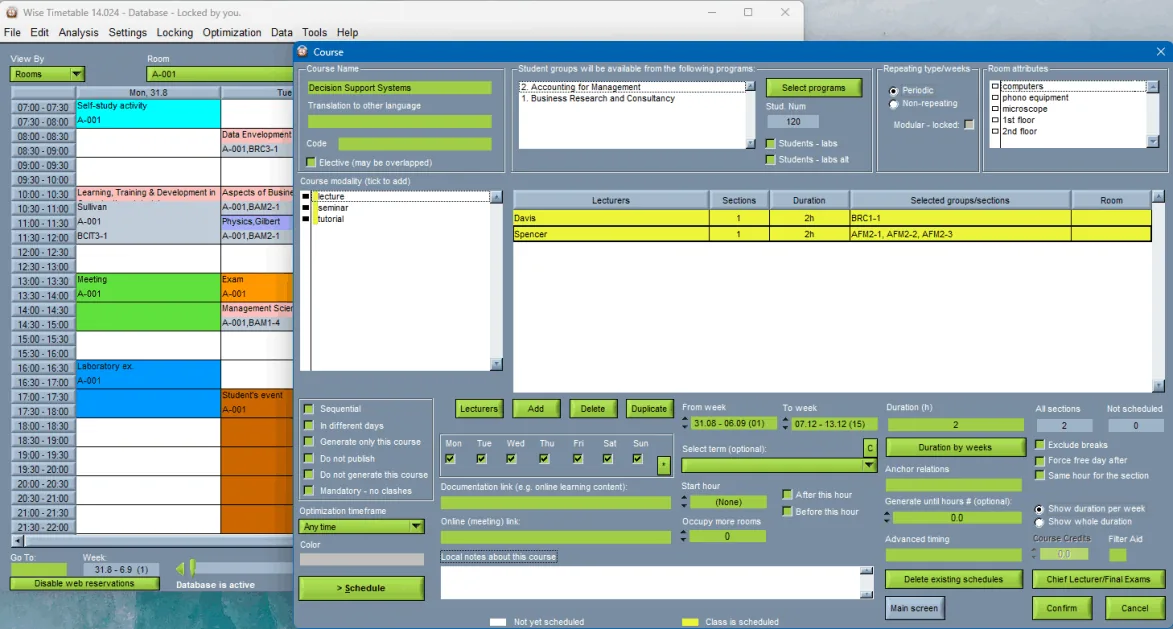 Entering courses and their teaching components in Wise Timetable, the equivalent of the PeopleSoft course catalogue and its class sections