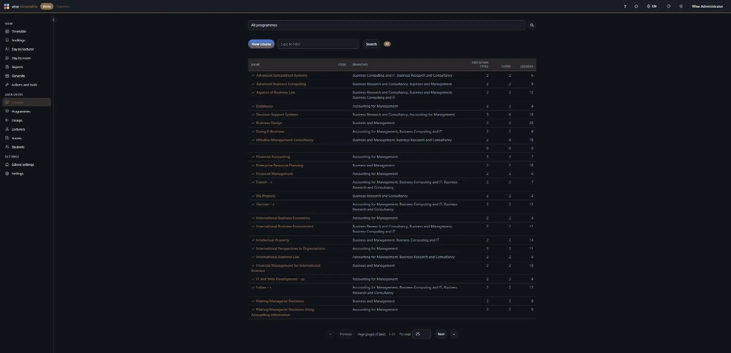 The course list in the Wise Timetable browser administration, showing execution types, turns and lesson counts per course