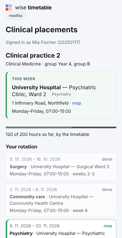 A student's clinical placements page on a phone: this week's hospital, department and address, the hours so far against the hours owed, and the rotation in order