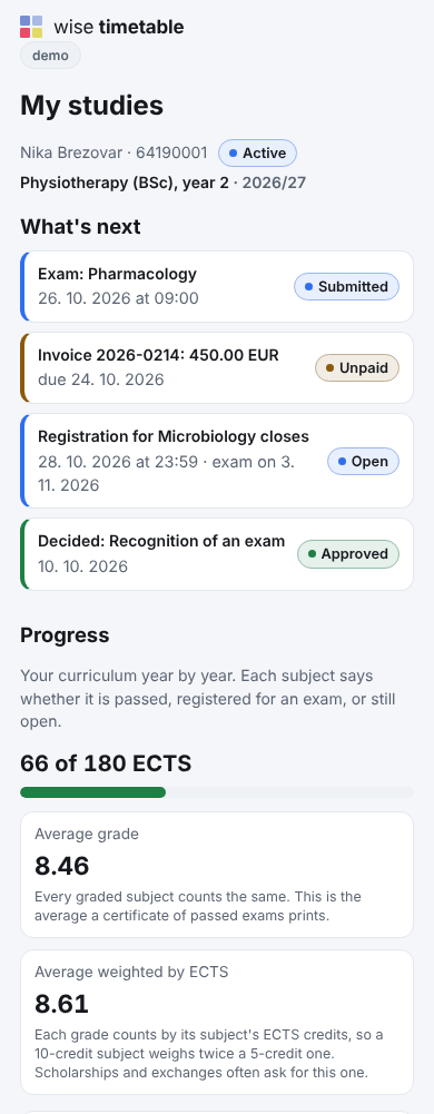 The student portal on a phone: what is next, the newest messages, and progress through the curriculum year by year