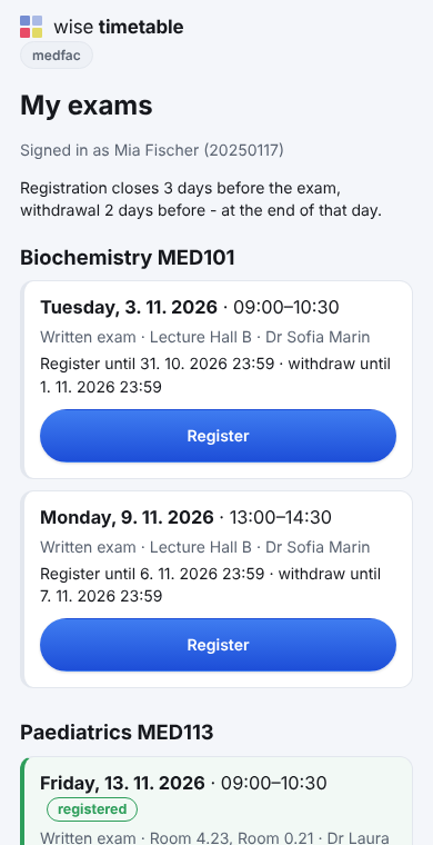A student's exam page on a phone: two published dates of a course, each with its deadlines and a Register button, and a date the student is registered for