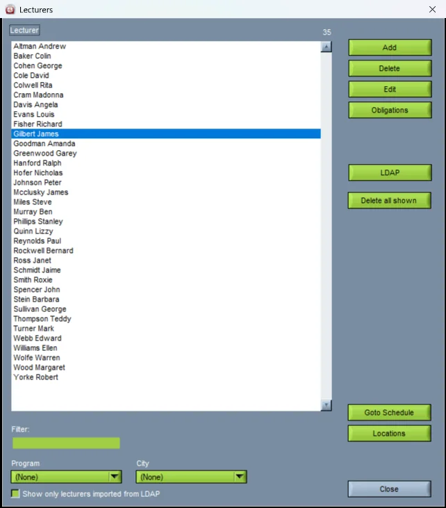 The lecturer list in Wise Timetable, against which teaching assignments are made