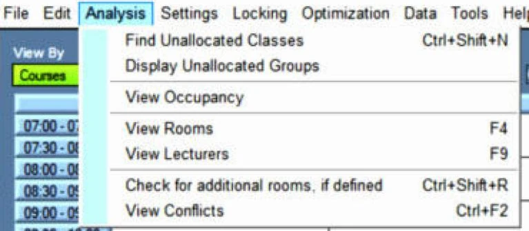 The Analysis menu of Wise Timetable, with Check for additional rooms, if defined