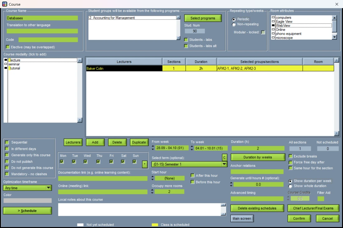 The Wise Timetable course screen for a Databases lecture of ninety students, with WebView ticked under Room attributes and Occupy more rooms set to 2