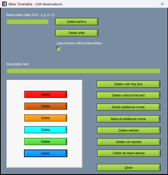 The Edit Reservations window in Wise Timetable, with the Make all additional rooms and Delete additional rooms buttons
