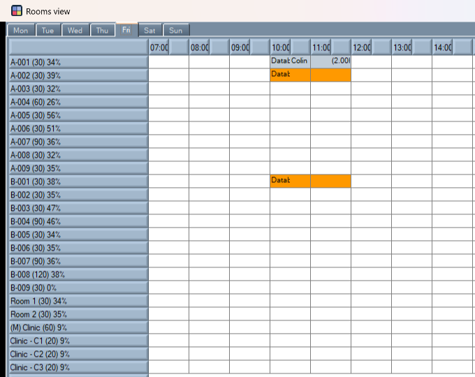 Analysis View Rooms in Wise Timetable on a Friday: the Databases lecture in room A-001, and the same hours booked in rooms A-002 and B-001