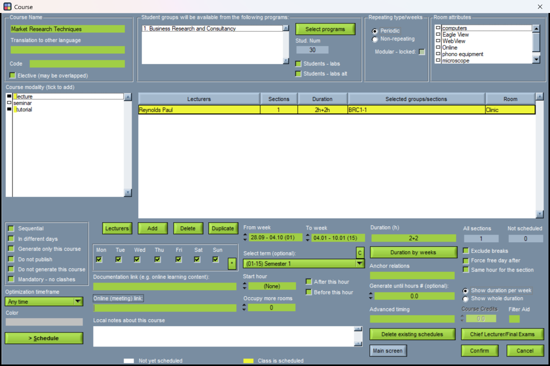 The Wise Timetable course screen for Market Research Techniques, with the lecture turn's Room column set to Clinic