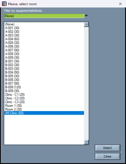 The Please, select room window in Wise Timetable, with the master room listed as (M) Clinic