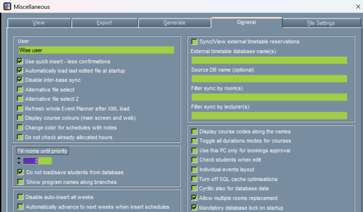 The General tab of Miscellaneous settings in Wise Timetable, with Allow multiple rooms replacement ticked