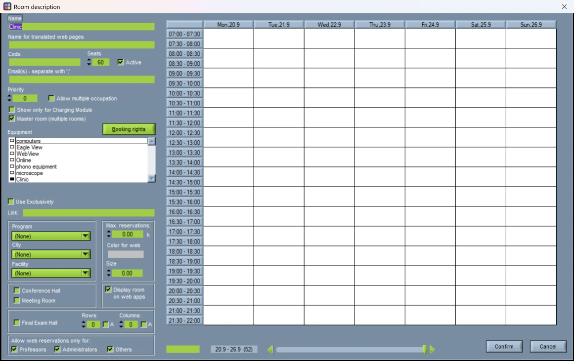 The Room description screen in Wise Timetable for a room named Clinic, with Master room (multiple rooms) ticked and only the Clinic item ticked under Equipment