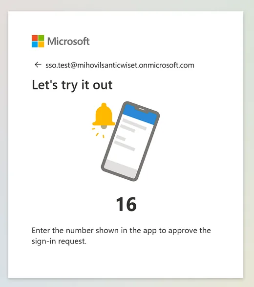 Microsoft's Let's try it out screen, showing a number to enter in the Microsoft Authenticator app