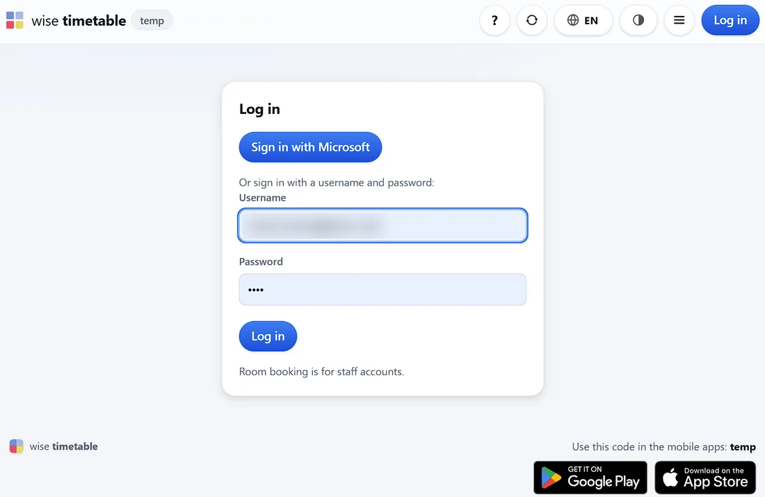 The Wise Timetable sign-in page, with a Sign in with Microsoft button above the username and password form