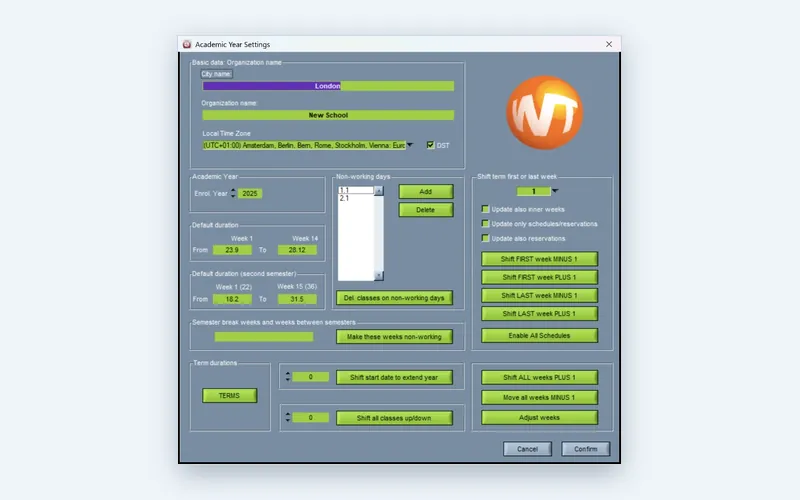 Academic year settings in the Wise Timetable desktop application