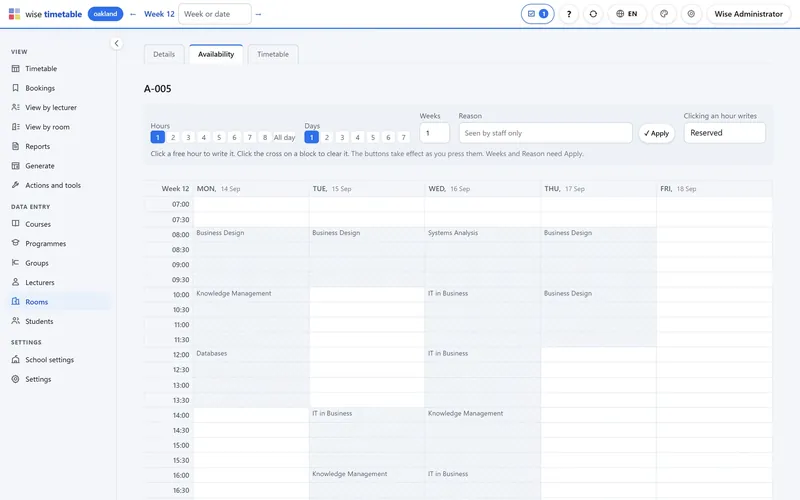 Editing a room’s availability in the Wise Timetable browser administration