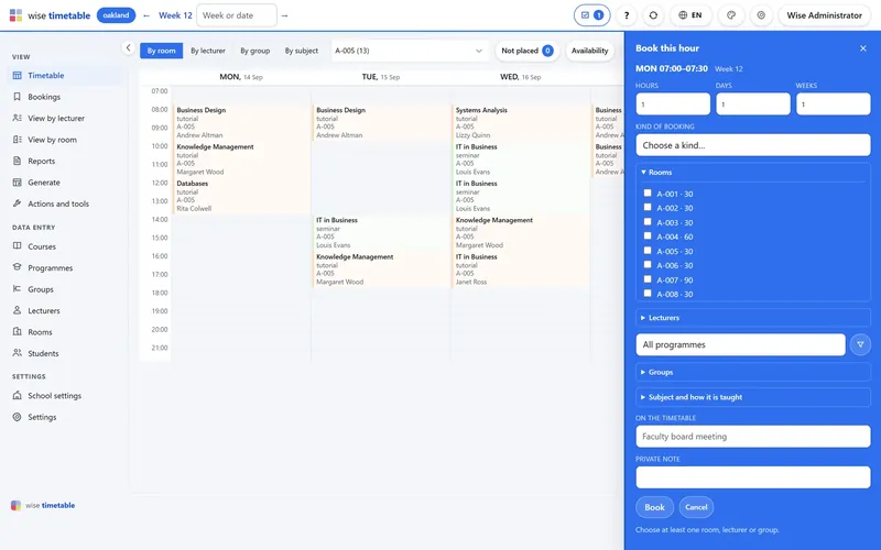 Booking an hour from the week grid of the Wise Timetable browser administration