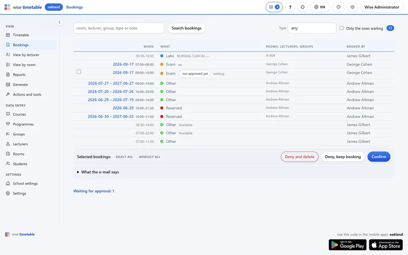 Bookings list with approval actions in the Wise Timetable browser administration