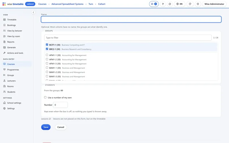 Selecting the student groups of a cohort in the Wise Timetable browser administration