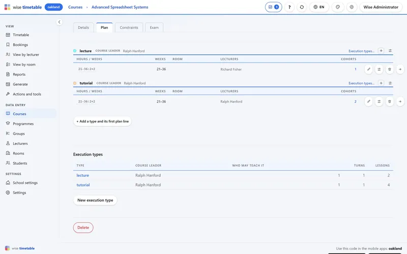 The plan tab of a course in the Wise Timetable browser administration