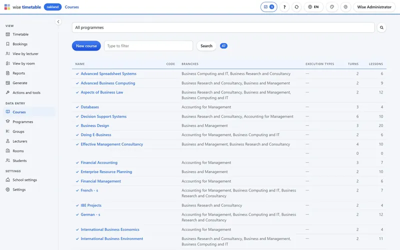Course list in the Wise Timetable browser administration