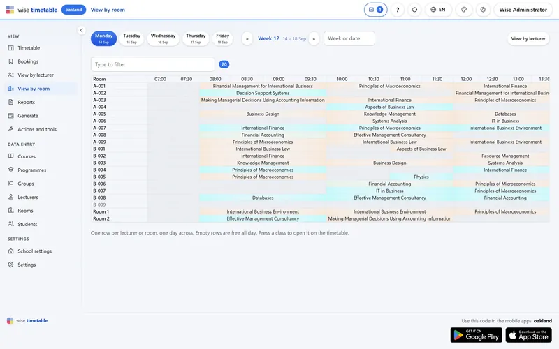 Day view by room in the Wise Timetable browser administration