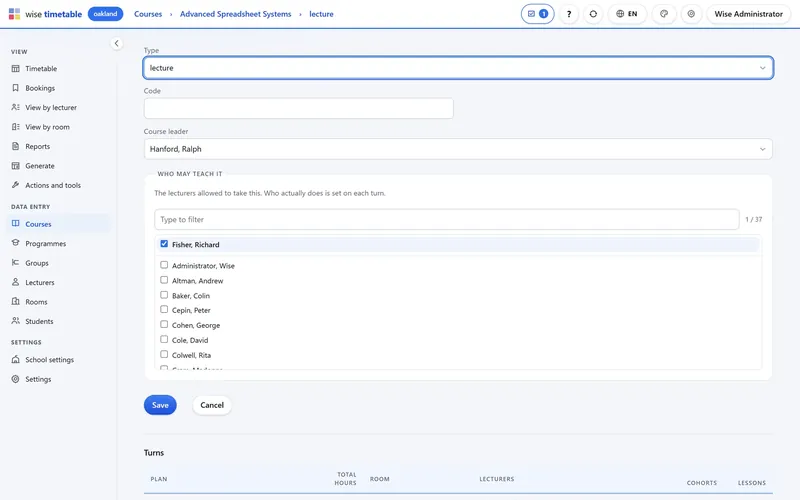 Choosing the lecturers allowed to teach a course part in the Wise Timetable browser administration