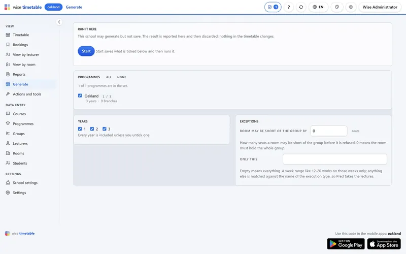 Timetable generation settings in the Wise Timetable browser administration