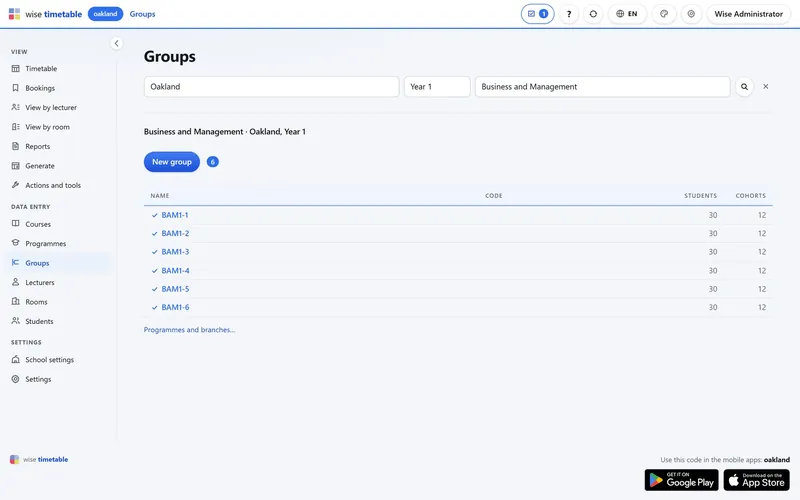 Student groups of one branch in the Wise Timetable browser administration