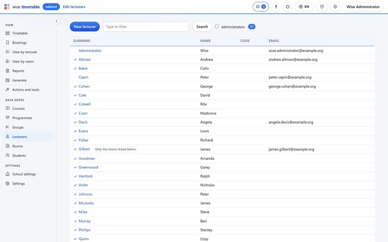 Lecturer register in the Wise Timetable browser administration