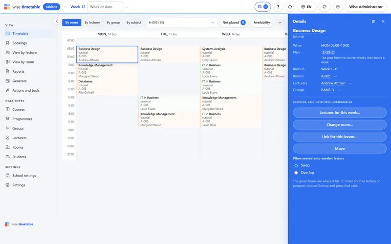 Lesson detail panel beside the week grid in the Wise Timetable browser administration