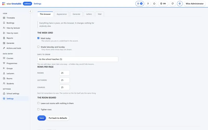 Personal settings in the Wise Timetable browser administration