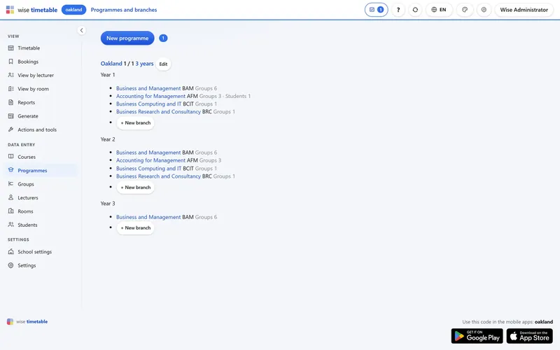 Programmes, years and branches in the Wise Timetable browser administration