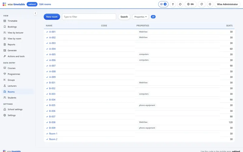 Room register with equipment and seat counts in the Wise Timetable browser administration