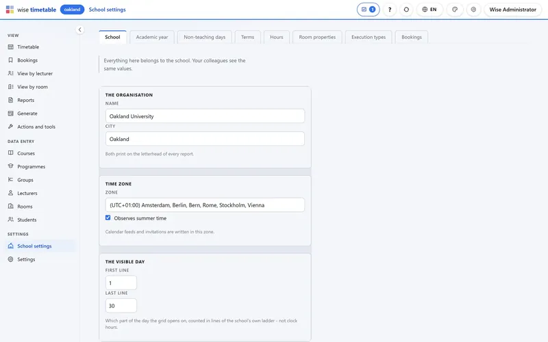 School settings in the Wise Timetable browser administration