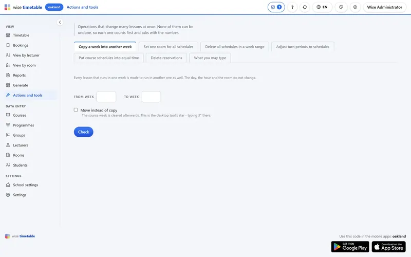 Bulk operations in the Wise Timetable browser administration