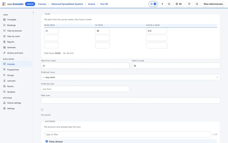 Editing a turn’s weeks, hours and preferences in the Wise Timetable browser administration