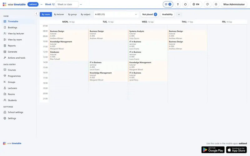 Week grid of the Wise Timetable browser administration, showing one room’s teaching week