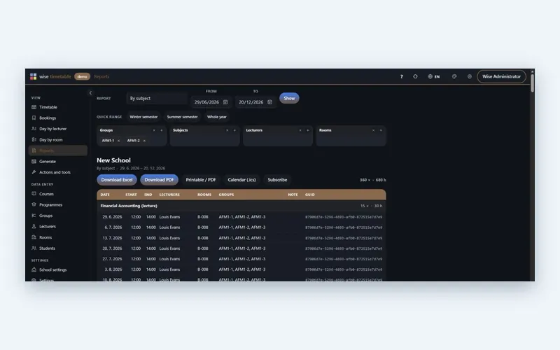 Subject report for two student groups in the Wise Timetable browser administration, dark theme