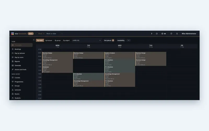 Week grid of the Wise Timetable browser administration in the dark theme