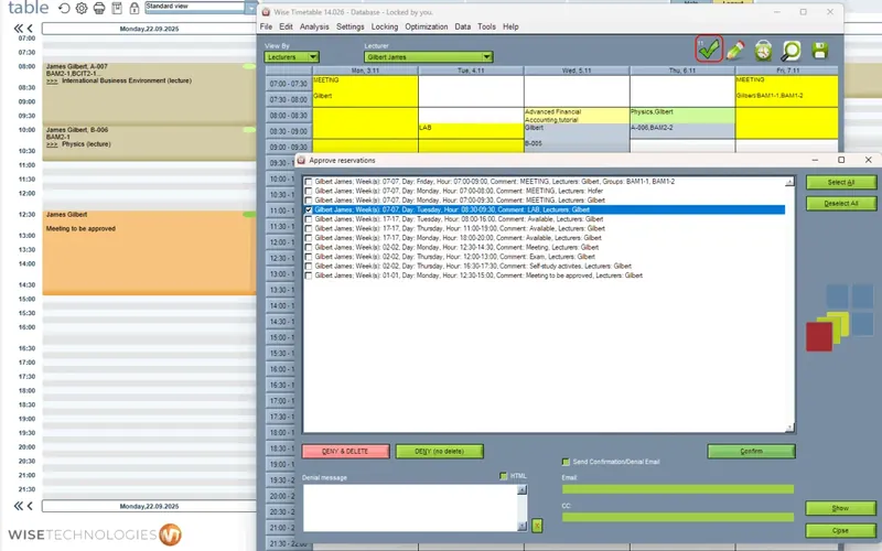 Booking approval queue in the Wise Timetable desktop application