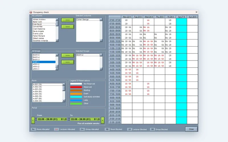 Occupancy check across lecturers, groups and rooms in the Wise Timetable desktop application