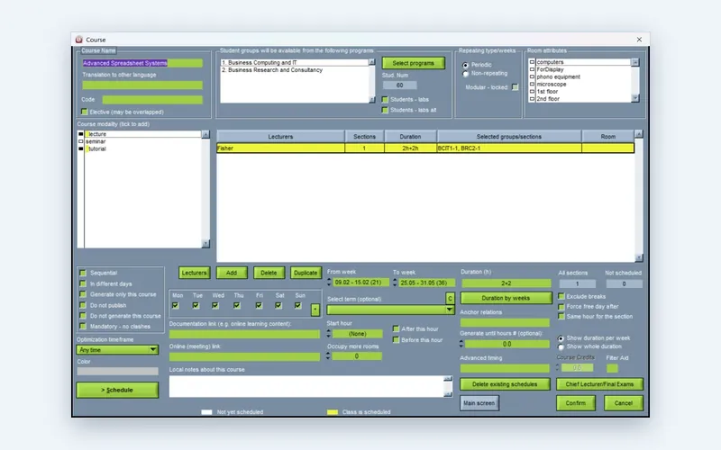 Course editing screen in the Wise Timetable desktop application