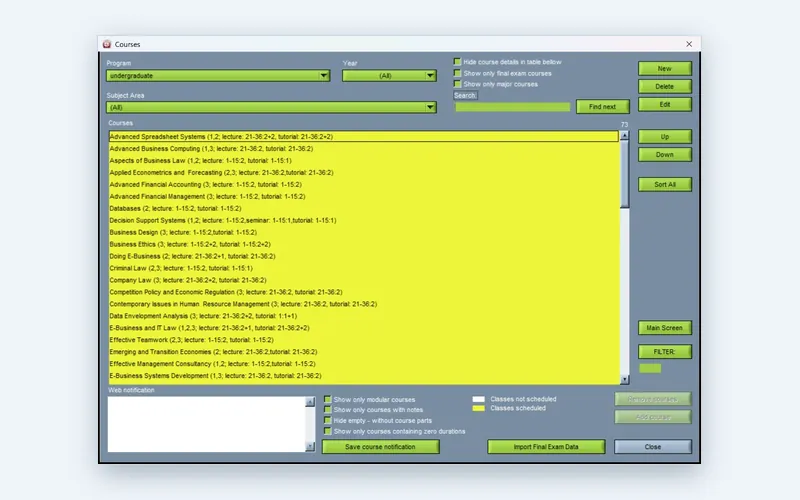Course list in the Wise Timetable desktop application