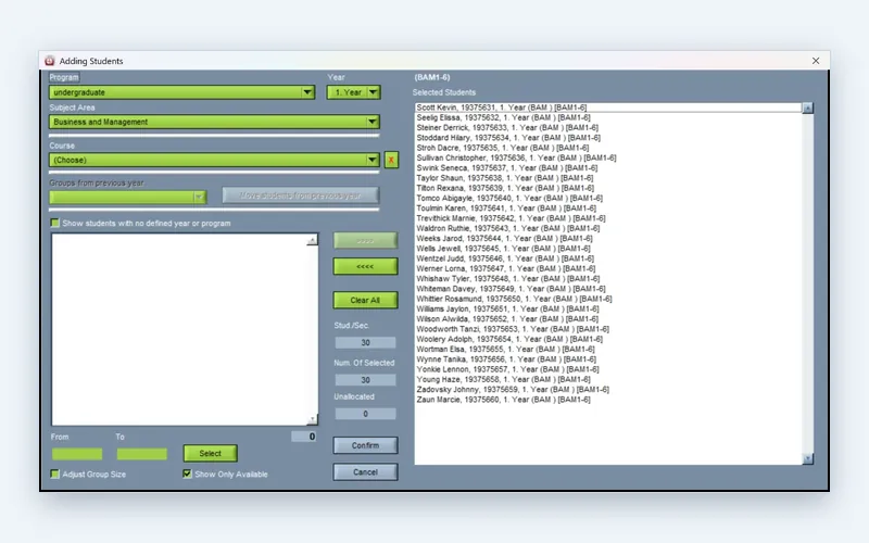 Distributing students across groups in the Wise Timetable desktop application