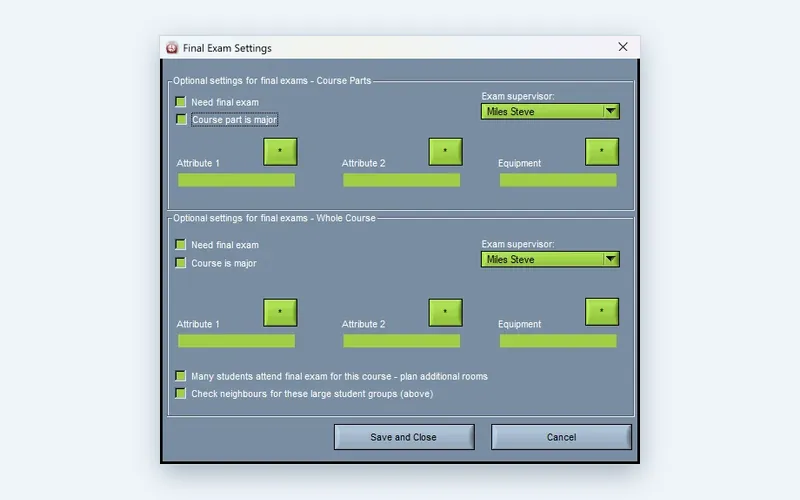 Final exam settings for a course in the Wise Timetable desktop application