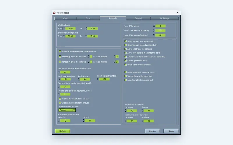 Timetable generation settings in the Wise Timetable desktop application
