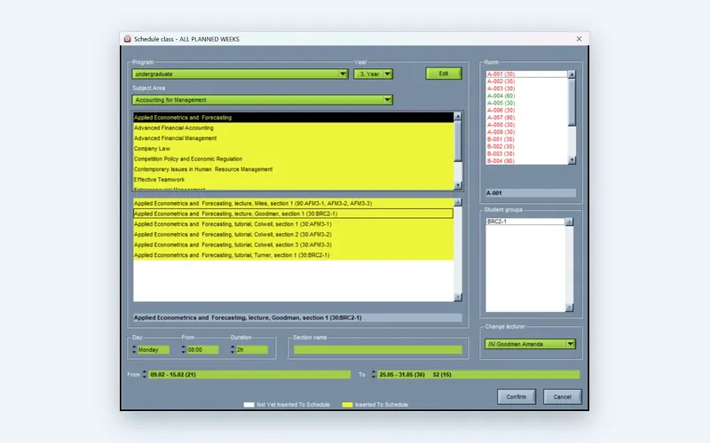 Inserting a class into the timetable in the Wise Timetable desktop application
