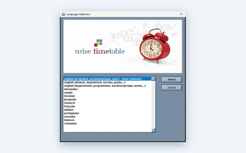 Interface language selection in the Wise Timetable desktop application