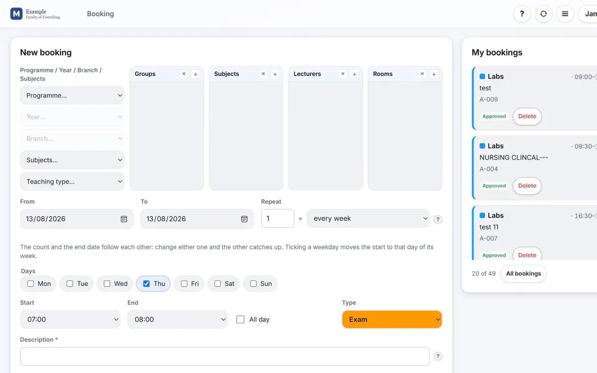 The web booking form of Wise Timetable beside the list of the user’s own bookings