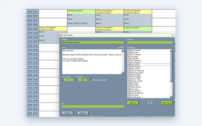 Sending personalised timetables by e-mail from the Wise Timetable desktop application