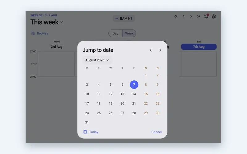 Choosing a date in the Wise Timetable mobile app